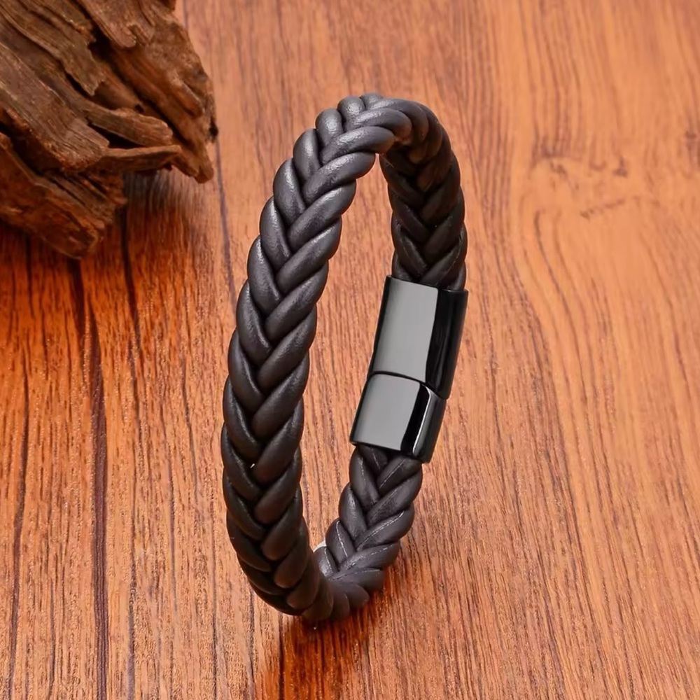 Men’s Wide Woven Leather Bracelets Stainless Steel  8.2”